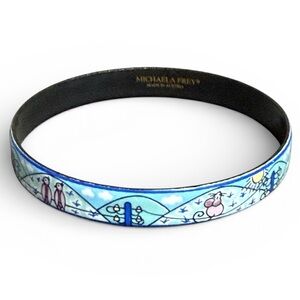Michaela Frey Blue Enamel Bangle Bracelet 2.6” Across Featuring Birds and Mice